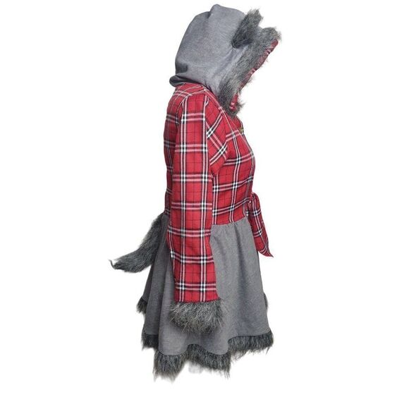 Girls Werewolf Costume Dress Hooded Red Plaid & Grey With Faux Fur Trim Tail Lg - Picture 3 of 9